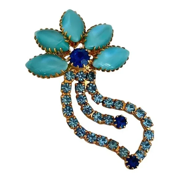 Vintage Brooch & Earrings Set Rhinestones Blue Demi-Parure MCM 9B